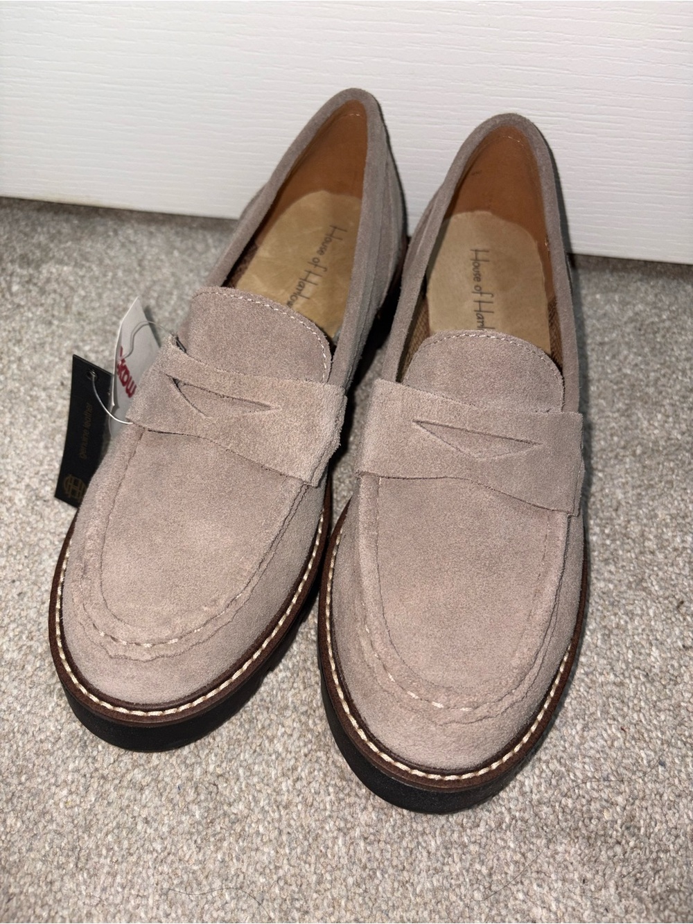 Women's House of Harlow 1960 Light Taupe Suede Penny Loafers